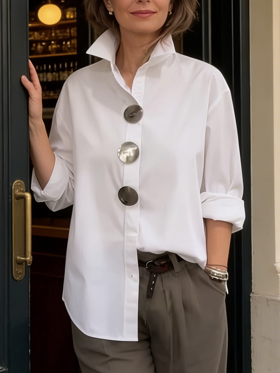 TOP : Rosaline™ | Statement Button Stand Collar Blouse in White van Paper Favor