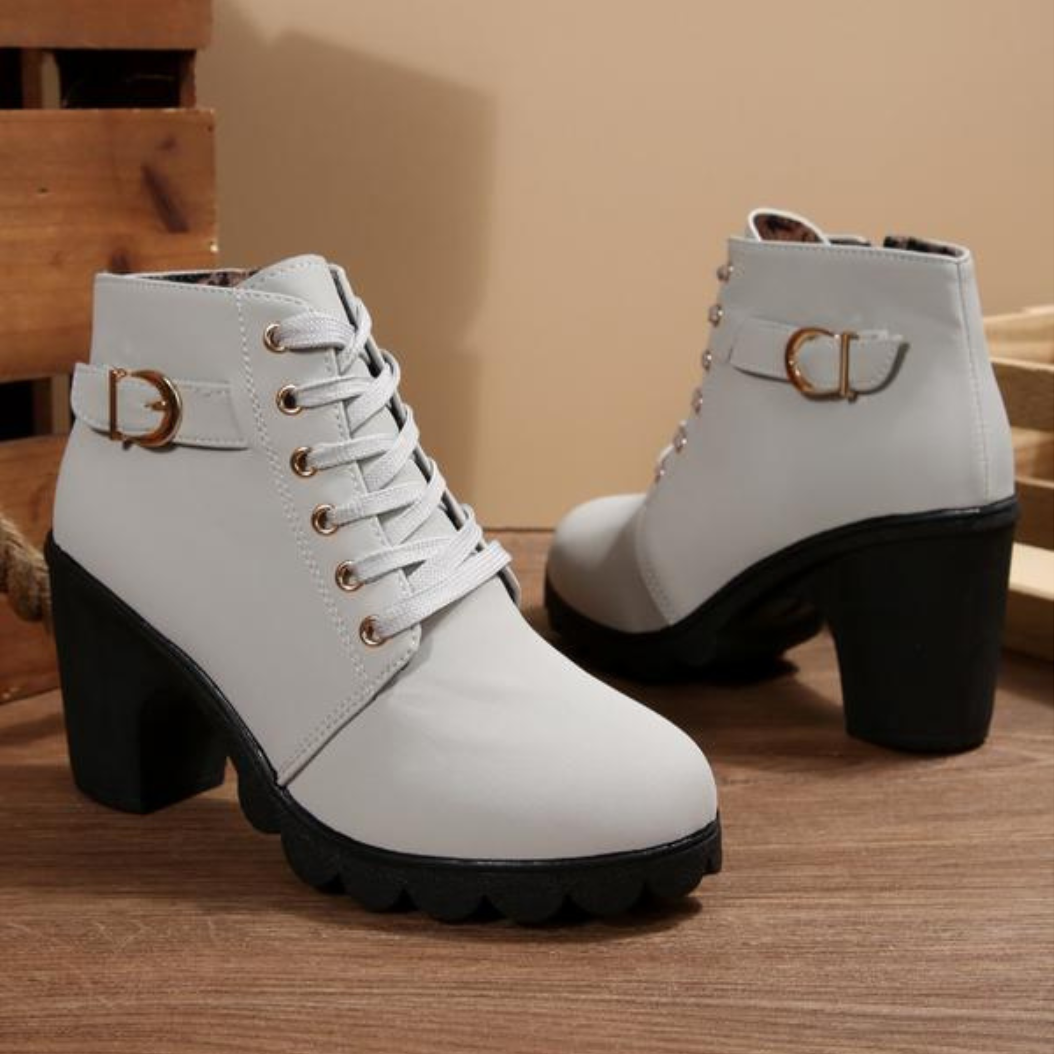 Chic Lace-Up Ankle Boots with Metal Buckle - Bold Chunky Style