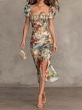 Women's Inspired Floral Ruched Midi Dress With a Chic Square-Neck