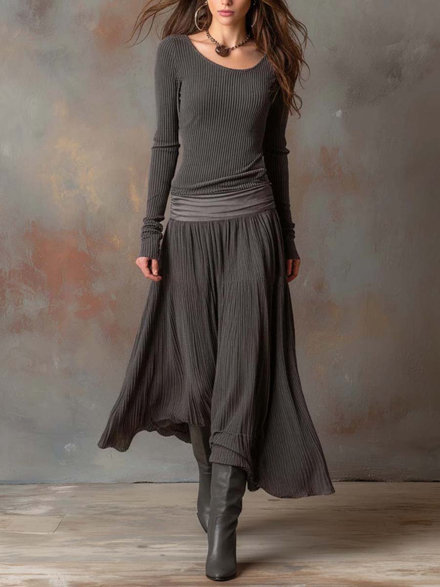 Long Sleeve Midi Dress : Felicity | Luxury Ribbed Sweater Dress in Grey van Paper Favor