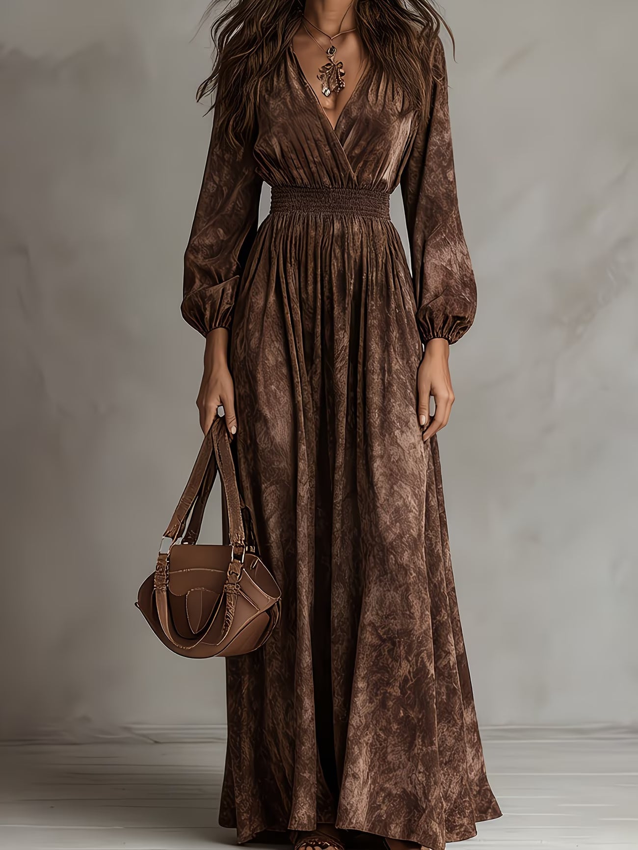 Dresses : Charlotte | Long Sleeve Flared Dress in Brown van Paper Favor
