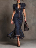 Timeless Vintage Pinstripe Lace-Trim Midi Dress