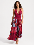 Boho Patchwork Halter Maxi Dress with Floral Print
