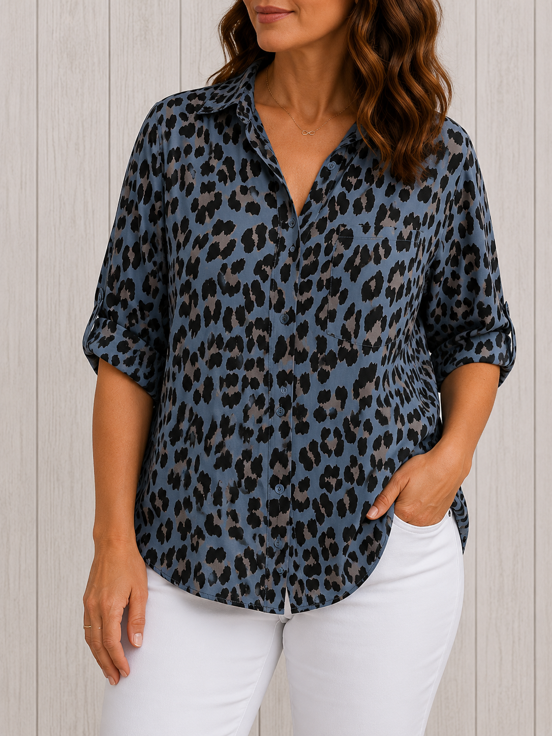 Clothing > Blouses : Casey™ | Stylish Leopard Print Blouse in Blue van DUUWE