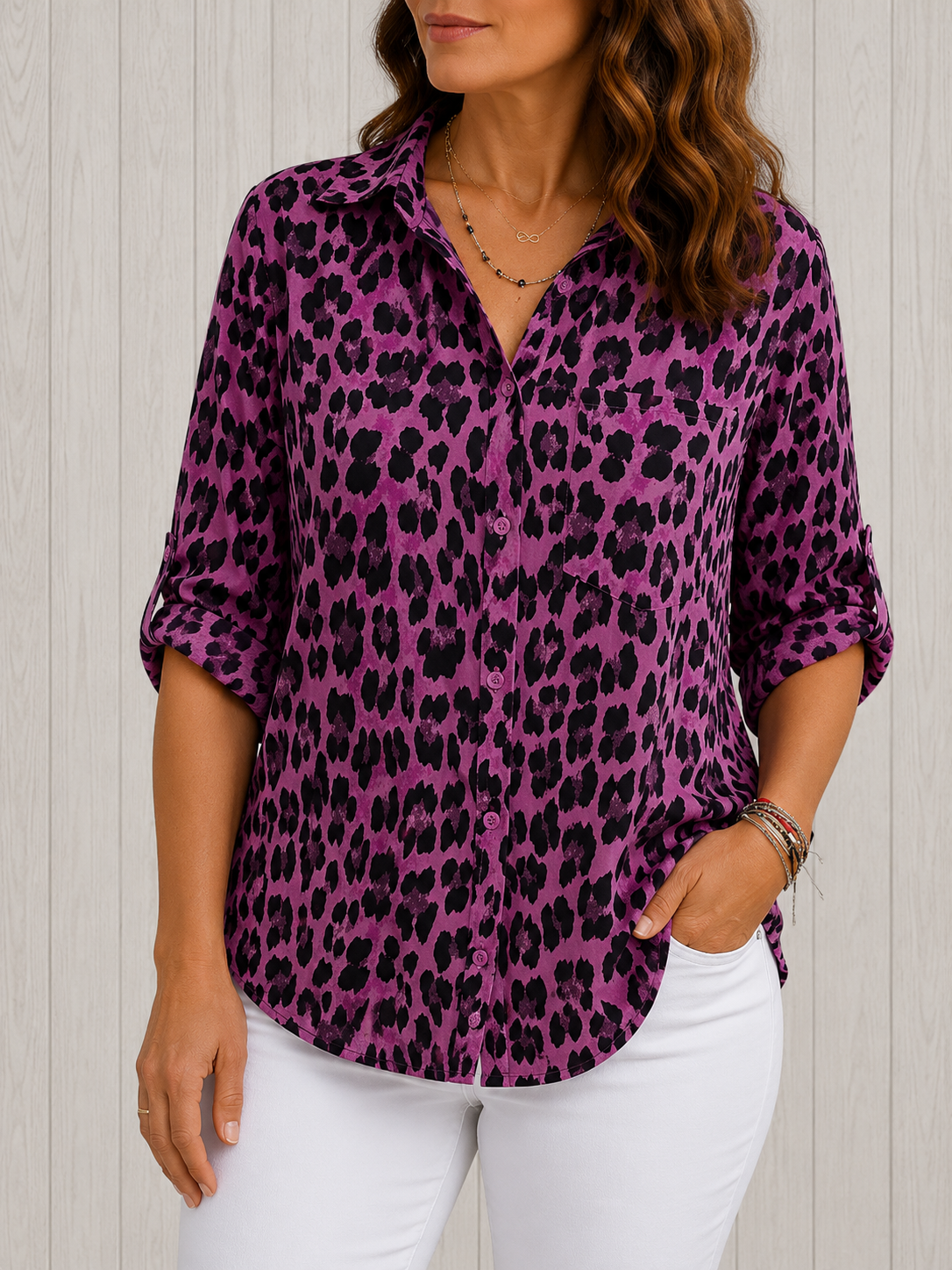 Clothing > Blouses : Casey™ | Stylish Leopard Print Blouse in Purple van DUUWE