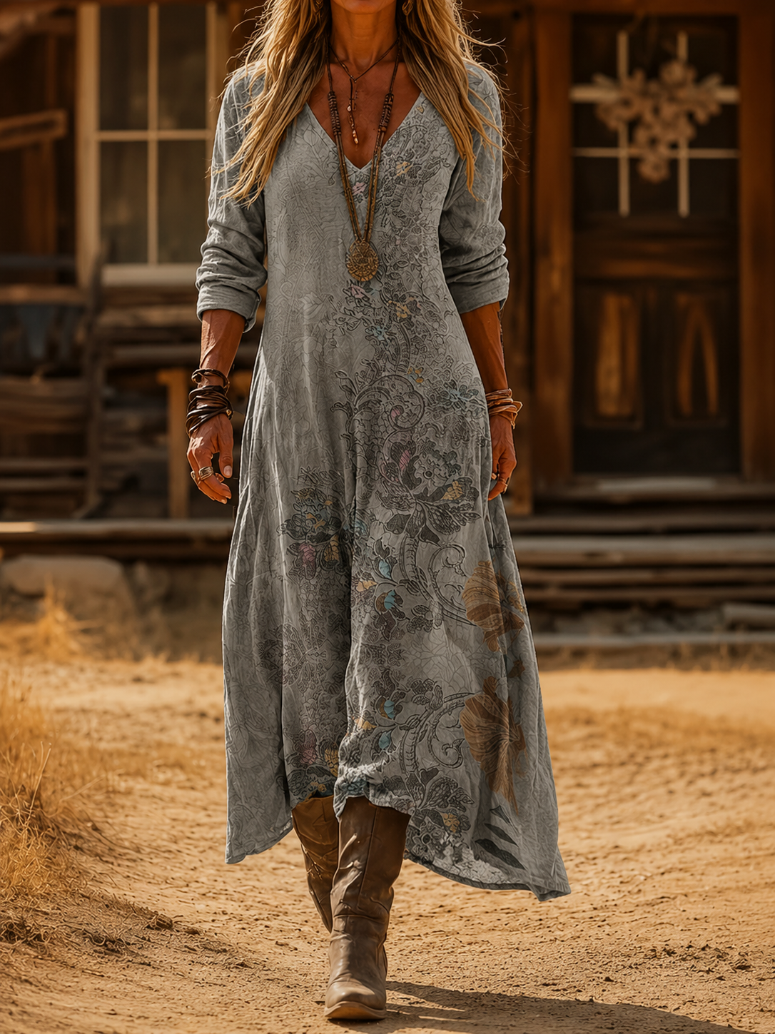 : Celestine | Vintage Bohemian Autumn Dress in Multicolour van Paper Favor