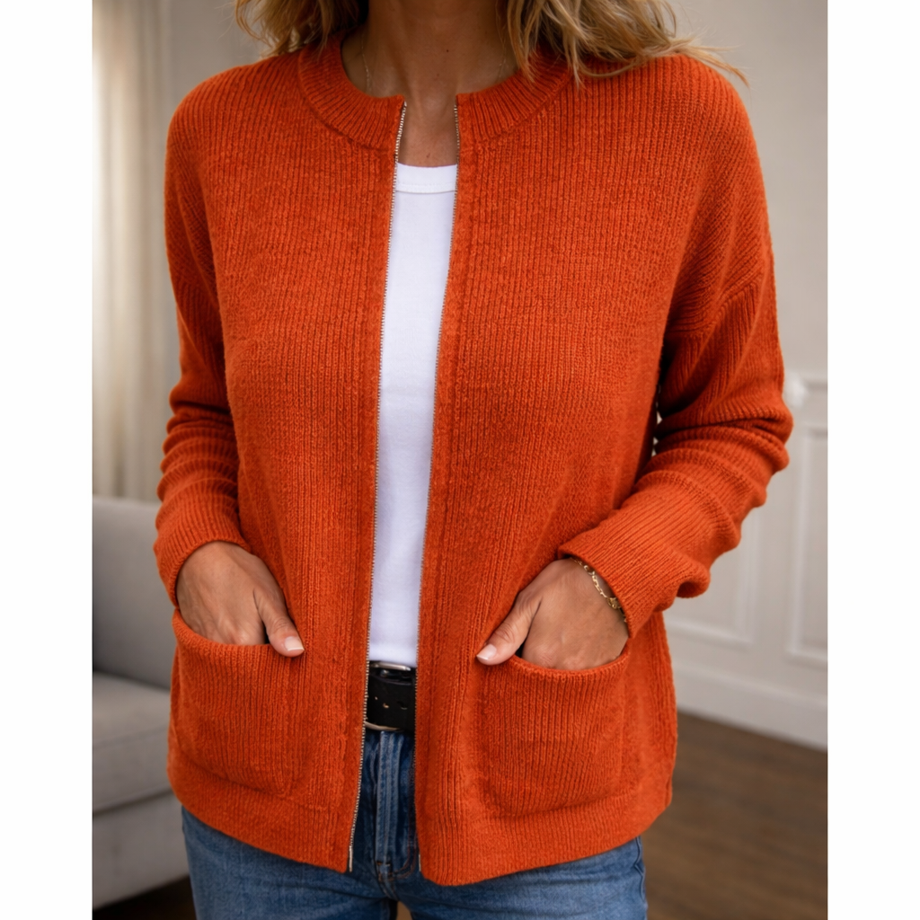 Cardigan : Brittney - Relaxed Comfort Cardigan in Orange van Paper Favor