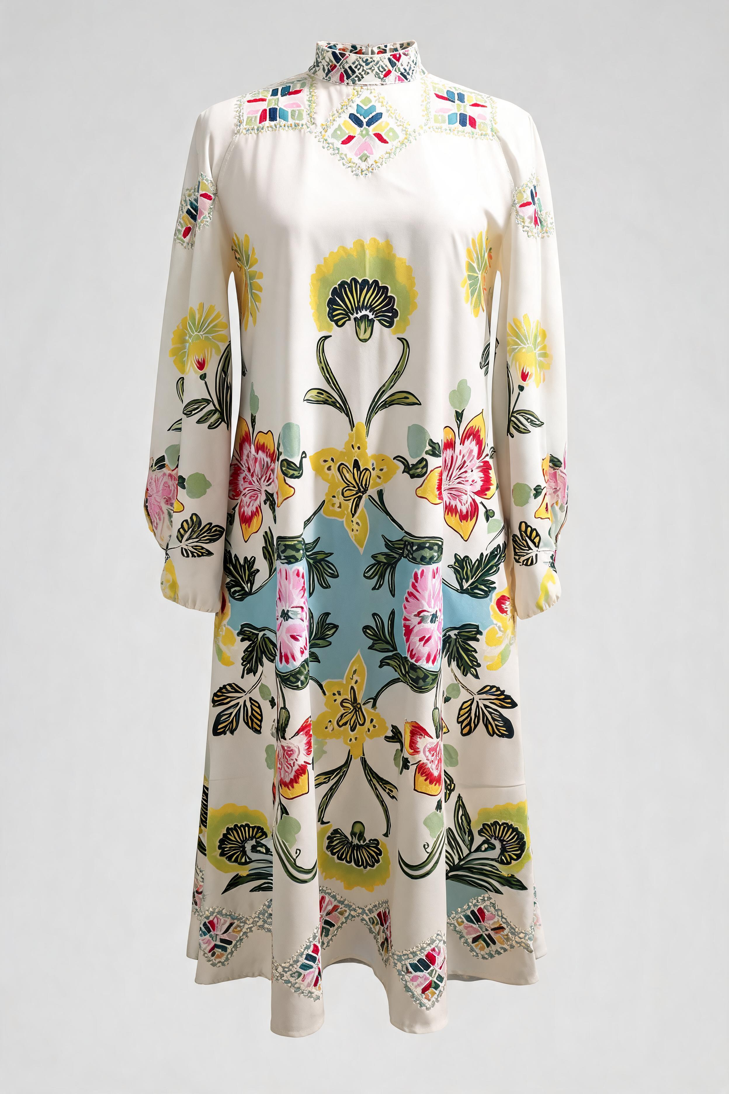 polyester long sleeve maxi dress Women's Floral Print Maxi Dress – Long Sleeve High Neck Polyester Dres –  Paper Favor