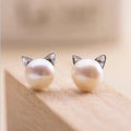 Delicate Sterling Silver Cat-Themed Pearl Stud Earrings