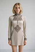 Vintage Beige Mini Dress with Pockets and Zip Front