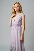Elegant Light Blue Floral Chiffon V-Neck Sleeveless A-Line Maxi Dress