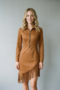 Midi dress with long sleeves and irregular fringes