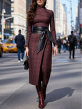 Women's Asymmetric Dress with Sweetheart Neckline, Plaid Belt, Elegant