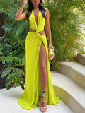 Sleeveless pleated dress with V-neck, hollow knot, and elegant slit