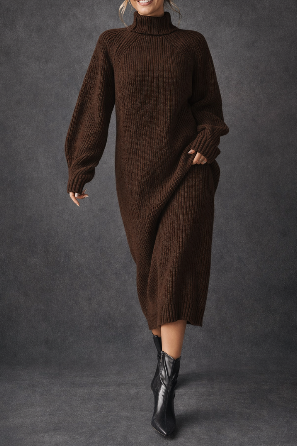 Dresses : Olive | High Neck Textured Elegant Dress in Dark Brown van Paper Favor