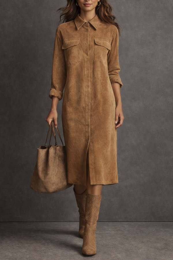 Dresses : Sophie | Long-sleeve Shirt Dres in Brown van Paper Favor