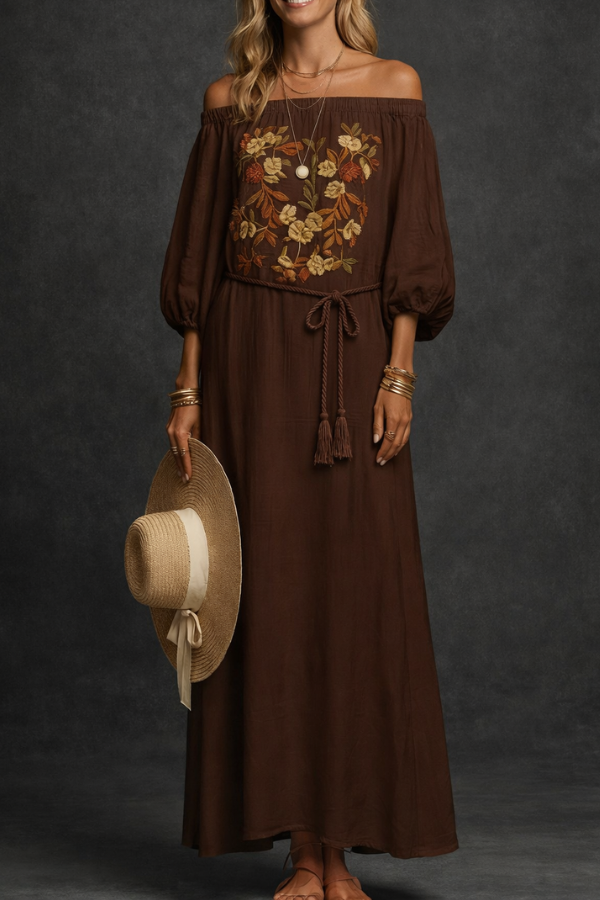 Dresses : Willow | Off-Shoulder Long Dress in Brown van Paper Favor