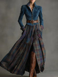 Women's Retro Ethnic Maxi Dress in Faux Blue Tartan with Belt