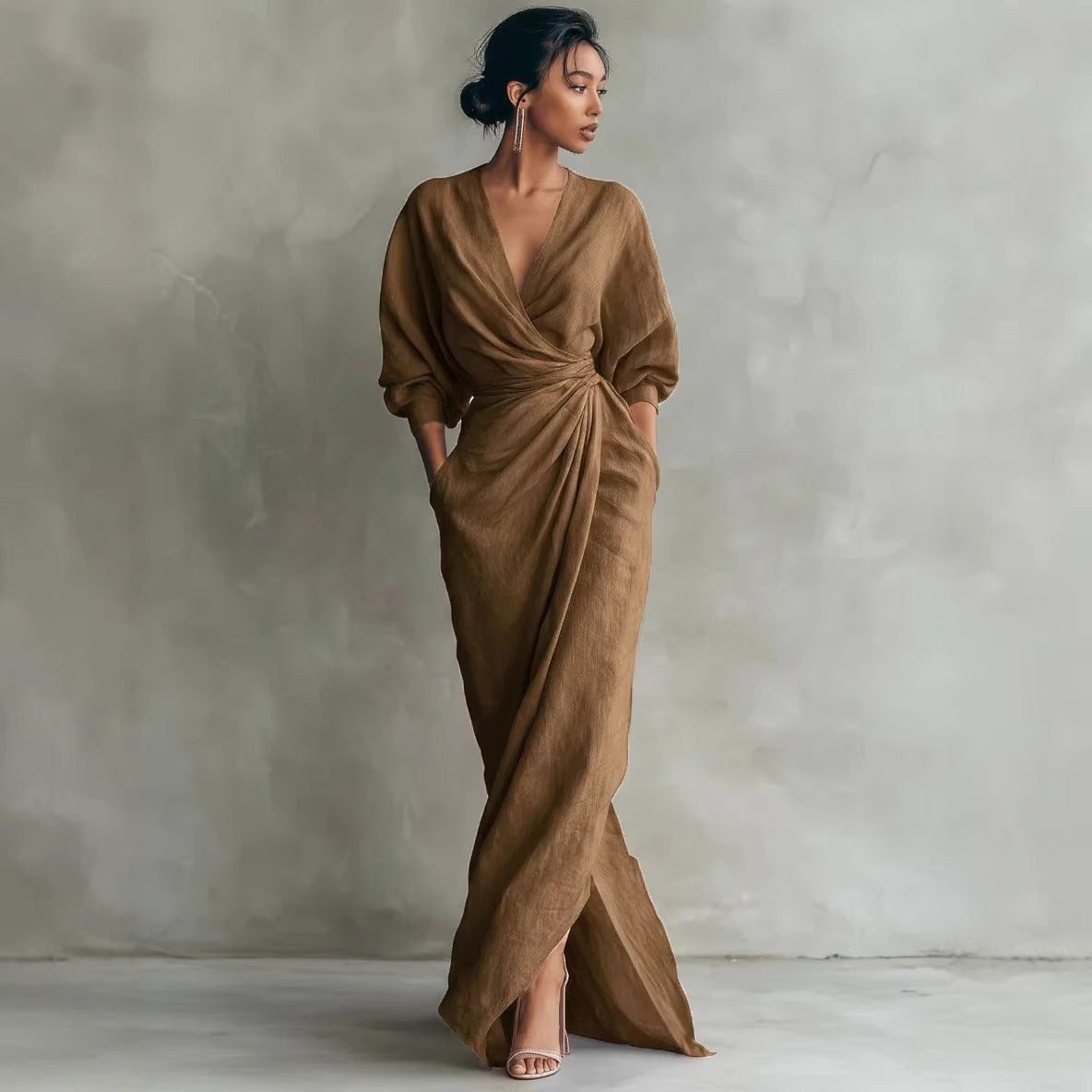 : Lola | V-Neck Waist Draped Long Sleeve Dress in Khaki van Paper Favor