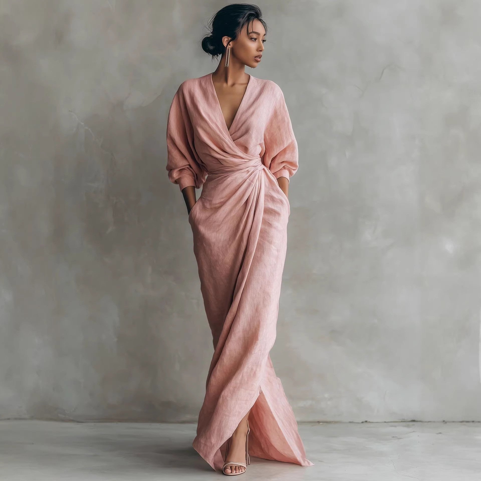 : Lola | V-Neck Waist Draped Long Sleeve Dress in Pink van Paper Favor