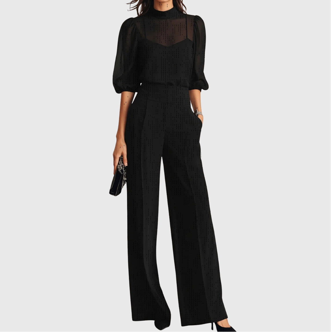 Matching Sets : Elodie | Top And Wide-leg Pants Three-piece Set in Black van Paper Favor