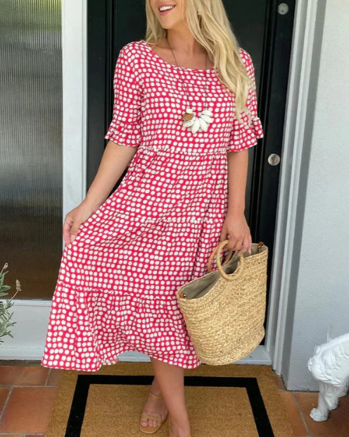 Women > Dresses > Midi : Women's Zora Sable Short-Sleeve Midi Dress - Effortless Chic for in Red van Paper Favor