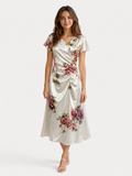 Women's Satin Floral-Print Ruched Midi Dress with Side Slit - Elegant