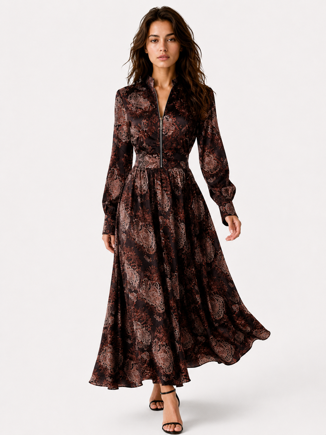 Women > Dresses > Maxi : Women's Elegant Vintage Maxi Dress with Paisley Pattern and Zipper in Dark Brown van Paper Favor