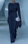 Women's Elegant and sophisticated long pleated dress with dark blue