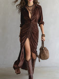 Women's Elegant Vintage Button-Detail Pleated Velvet Midi Dress