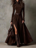 Women's Elegant Dark Brown Faux Leather Turtleneck Maxi Dress with