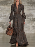 Women's Elegant Vintage Maxi Dress with Paisley Pattern and Zipper