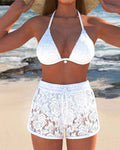 Elegant Solid Color Lace Bikini Set