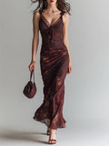 Women's Inspired Striped Floral Patchwork Suspender Maxi Dress