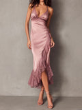 Women's Elegant Blush Satin Slip Dress with Lace Trim and Asymmetric