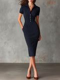 Women's Style Navy Pinstripe Midi Dress with Short Sleeves and a
