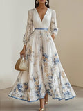 Women's Pleated Silk Maxi Dress with V-Neck and Spring Floral Print