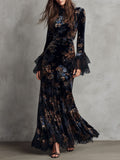 Women's Elegant Midnight Floral Velvet Flowing Gown with Delicate