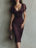 Women's Chic Striped Bodycon Midi Dress with Delicate Lace Trim