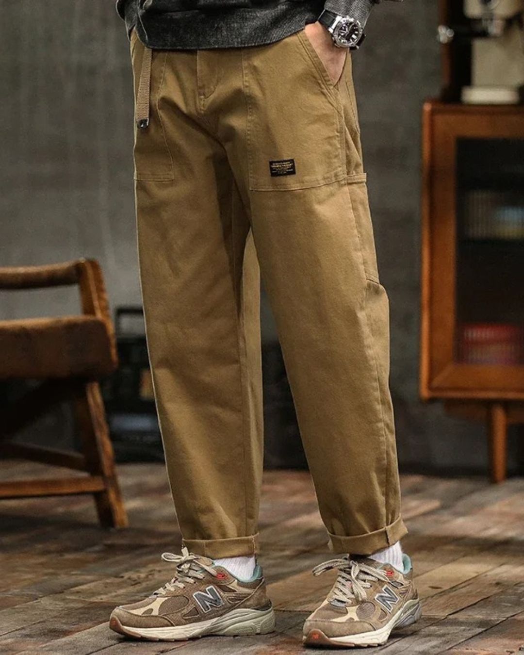 Men > Pants : Men's Vintage Cargo Pants - Timeless Style with Modern Utility in Khaki van Paper Favor