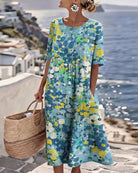 Dresses : ELENA™ - ELEGANT FLORAL SUMMER MIDI DRESS in Blue van Paper Favor