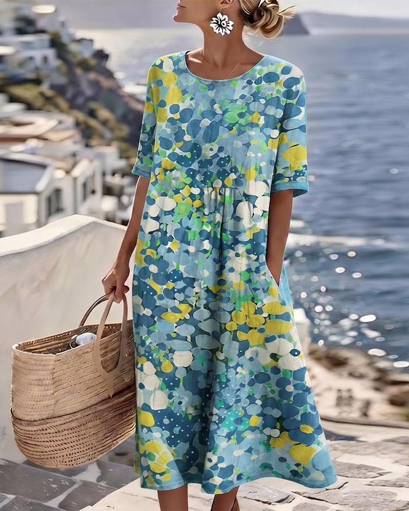 Dresses : ELENA™ - ELEGANT FLORAL SUMMER MIDI DRESS in Blue van Paper Favor