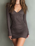 Women's Chic Ribbed Knit Mini Dress with Button Details and Side