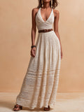 Women's Chic Ivory Crochet Halter Maxi Dress with Matching Waist Belt