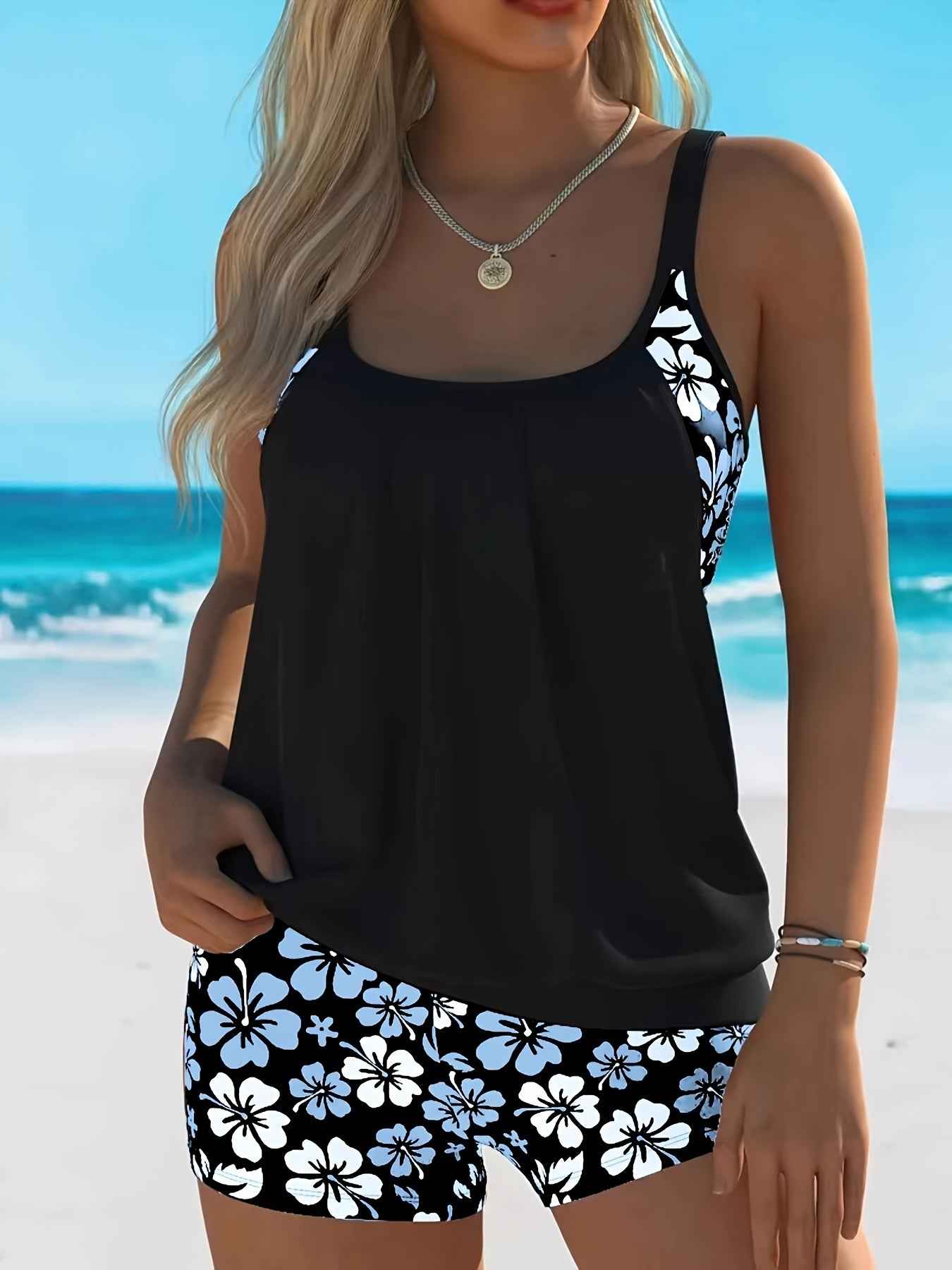 Isabella Tankini-Set mit blauem Blumenmuster – elegantes zweiteiliges Strand-Badeoutfit