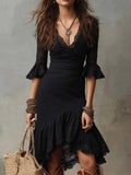 Women's Romantic Retro Lace Midi Dress with Flared Skirt and Ruffle