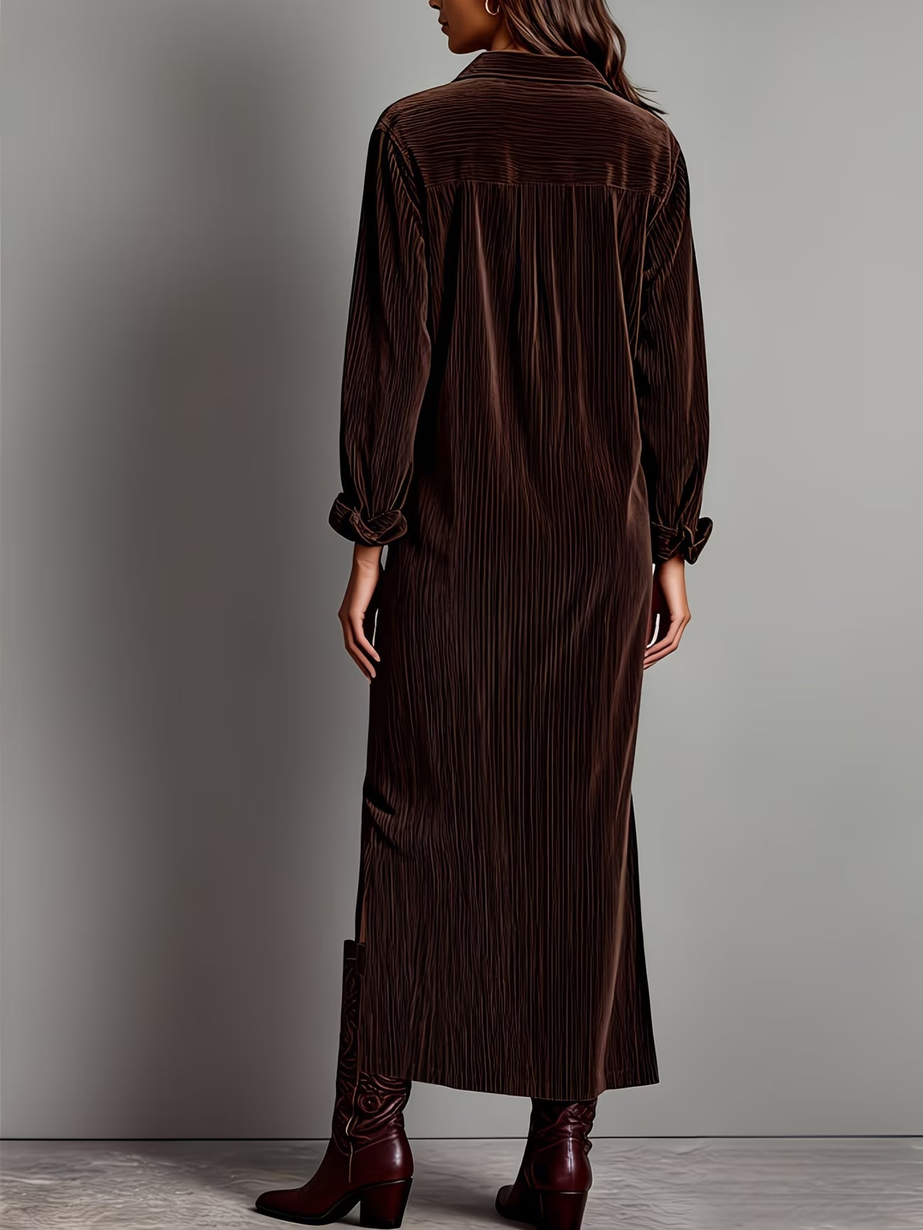Dresses : Matilda | Corduroy Chest Pocket Lapel Single-Breasted Slit Long Dress in van Paper Favor