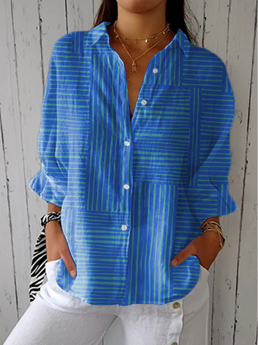 Clothing > Blouses : Feline | Azure Stripe Blouse in Blue van Paper Favor