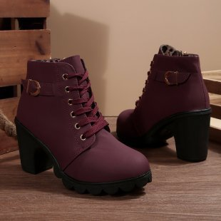 Chic Lace-Up Ankle Boots with Metal Buckle - Bold Chunky Style